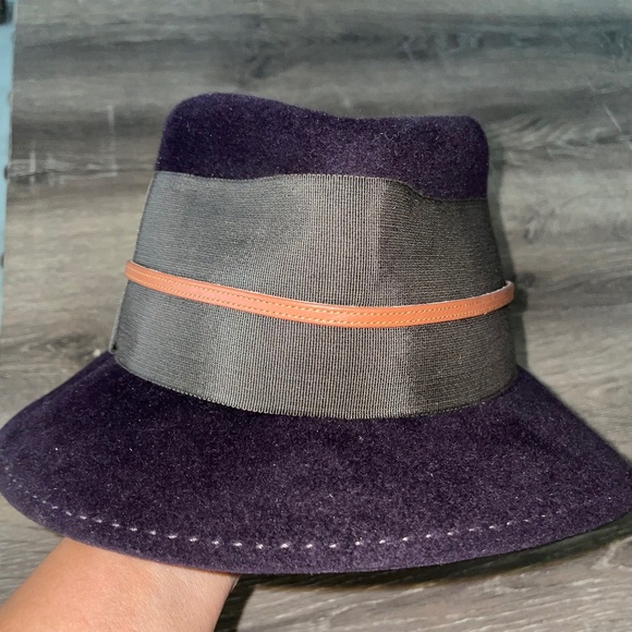 LOLA HATS Deep Purple Wool Fedora Hat Army Green Band Tan Leather Band Size S - Picture 8 of 8